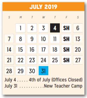 District School Academic Calendar for P A S S Learning Ctr for July 2019