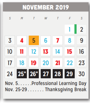 District School Academic Calendar for P A S S Learning Ctr for November 2019