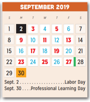 District School Academic Calendar for P A S S Learning Ctr for September 2019