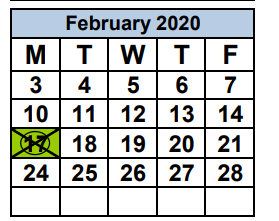 District School Academic Calendar for District Summer Center A for February 2020