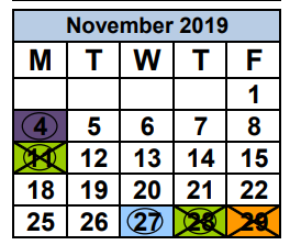 District School Academic Calendar for Shadowlawn Elementary School for November 2019