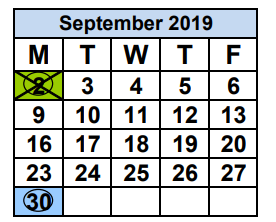 District School Academic Calendar for Corporate Academy North for September 2019