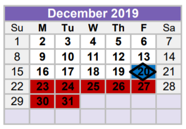 District School Academic Calendar for Culver Youth Home for December 2019