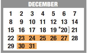 District School Academic Calendar for Memorial Elementary for December 2019