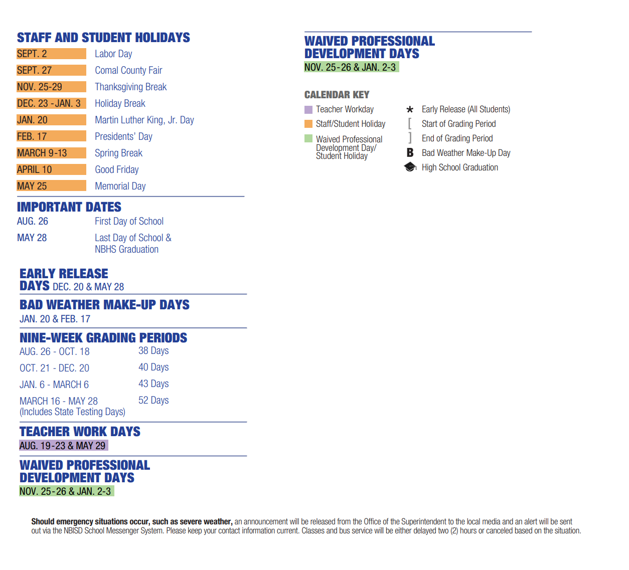 District School Academic Calendar Key for Memorial Pri