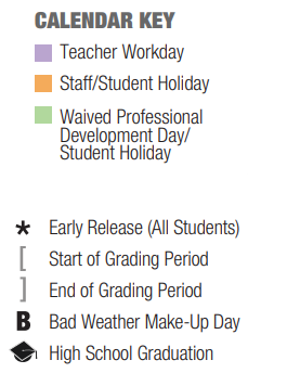 District School Academic Calendar Legend for Memorial Elementary