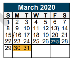 District School Academic Calendar for Bens Branch Elementary for March 2020