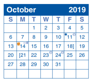 District School Academic Calendar for International School Of America for October 2019