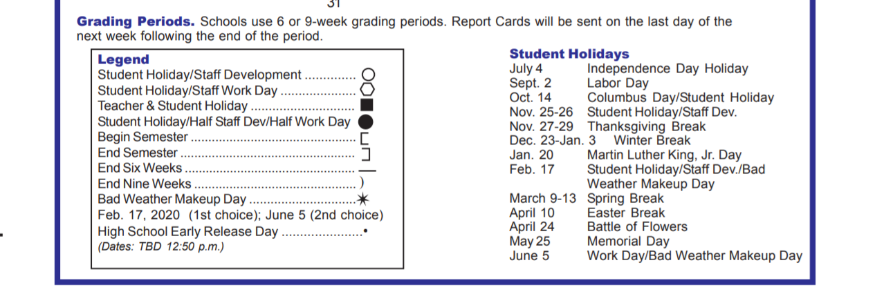 District School Academic Calendar Key for Off Campus P P C D