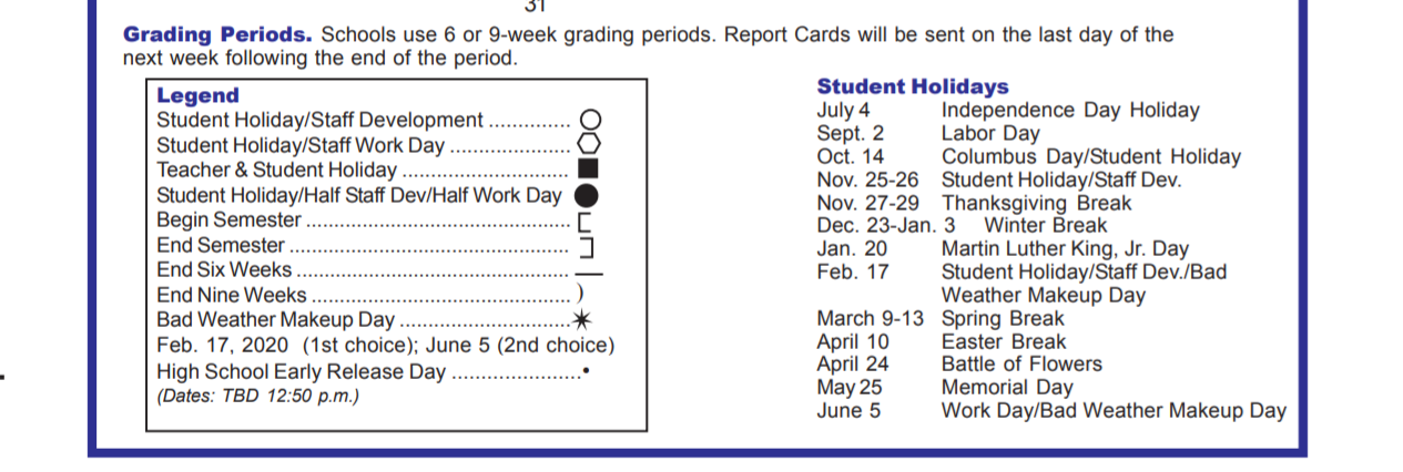 District School Academic Calendar Key for Northside School