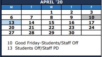 District School Academic Calendar for The Summit Intermediate for April 2020