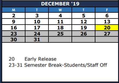 District School Academic Calendar for The Summit Intermediate for December 2019