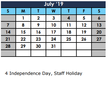 District School Academic Calendar for The Summit Intermediate for July 2019