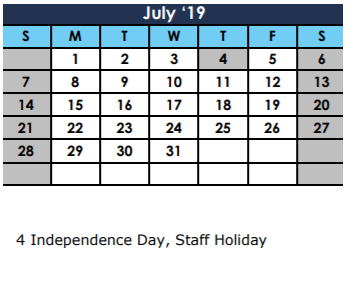 District School Academic Calendar for South Houston Intermediate for July 2019