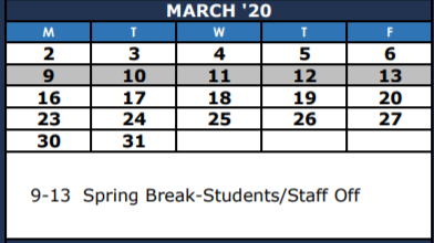 District School Academic Calendar for The Summit Intermediate for March 2020