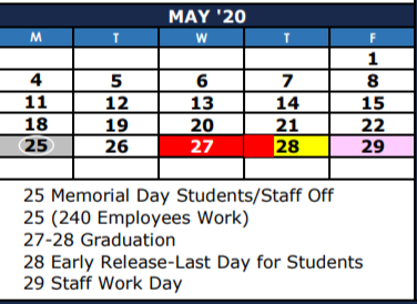 District School Academic Calendar for South Shaver Elementary for May 2020