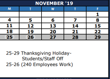 District School Academic Calendar for Young Elementary for November 2019