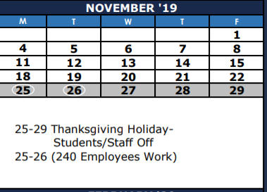 District School Academic Calendar for Jensen Elementary for November 2019