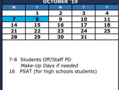 District School Academic Calendar for Miller Intermediate for October 2019