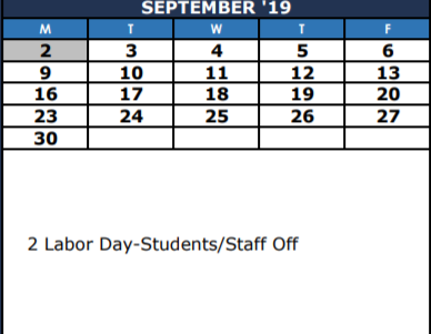 District School Academic Calendar for L F Smith Elementary for September 2019
