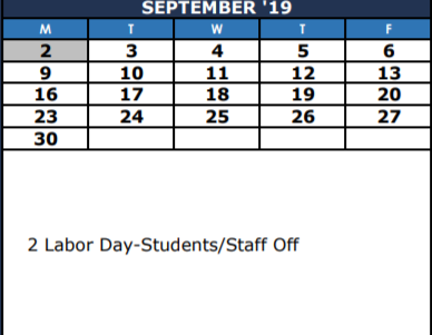 District School Academic Calendar for De Zavala Fifth Grade Center for September 2019