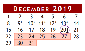 District School Academic Calendar for Brazoria Co J J A E P for December 2019