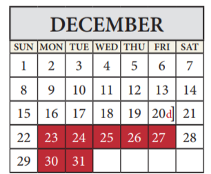 District School Academic Calendar for Pflugerville Middle for December 2019