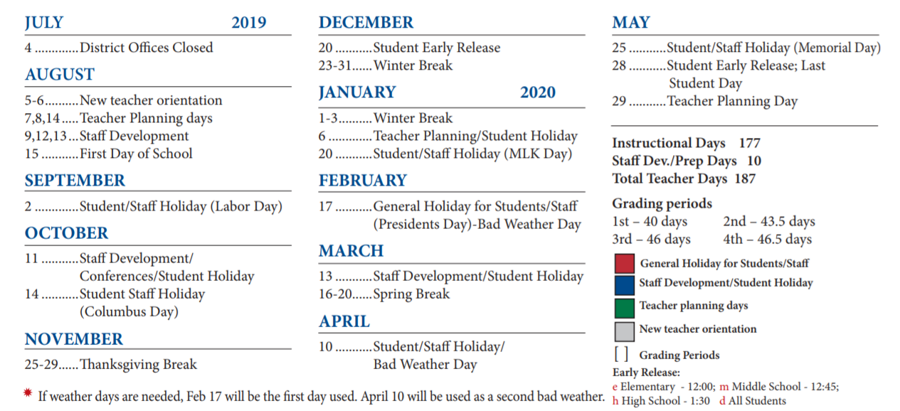 Pflugerville Middle School District Instructional Calendar