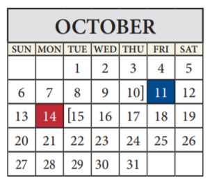 District School Academic Calendar for Travis Co J J A E P for October 2019