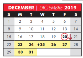 District School Academic Calendar for Even Start Program for December 2019