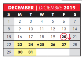 District School Academic Calendar for Head Start for December 2019