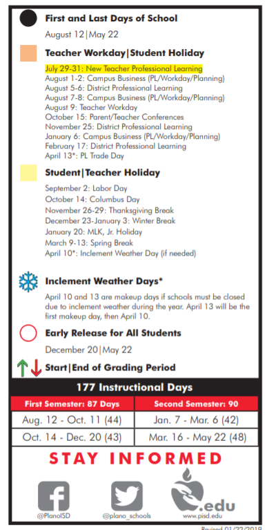 District School Academic Calendar Key for Pearson Early Childhood