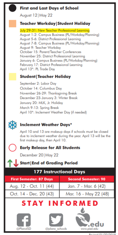 District School Academic Calendar Key for Secondary Special Program Center