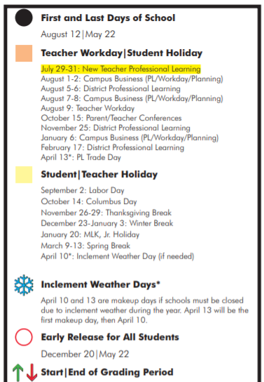 District School Academic Calendar Legend for Aldridge Elementary School
