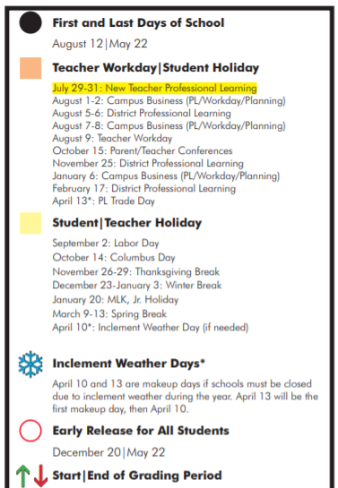 District School Academic Calendar Legend for Head Start