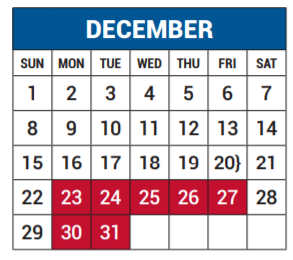 District School Academic Calendar for Lake Highlands Freshman Center for December 2019