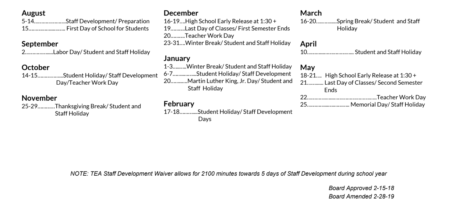 District School Academic Calendar Key for Williamson Co J J A E P