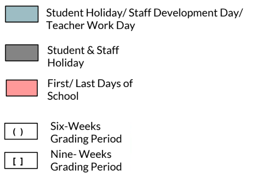 District School Academic Calendar Legend for Williamson Co J J A E P