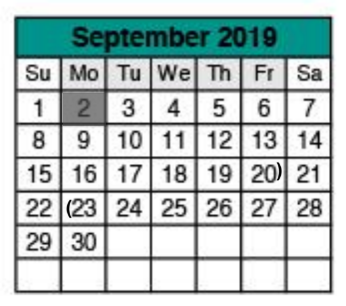 District School Academic Calendar for Williamson Co J J A E P for September 2019