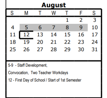 District School Academic Calendar for J T Brackenridge Academy for August 2019