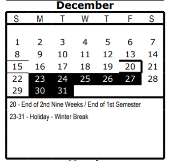 District School Academic Calendar for Lanier High School for December 2019