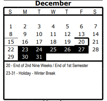 District School Academic Calendar for Wm B Travis Elementary for December 2019