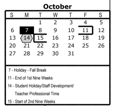 District School Academic Calendar for P F Stewart Elementary for October 2019