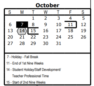 District School Academic Calendar for Wm B Travis Elementary for October 2019