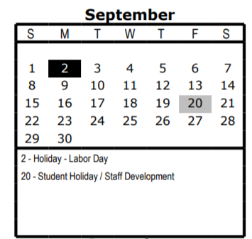 District School Academic Calendar for Wm B Travis Elementary for September 2019