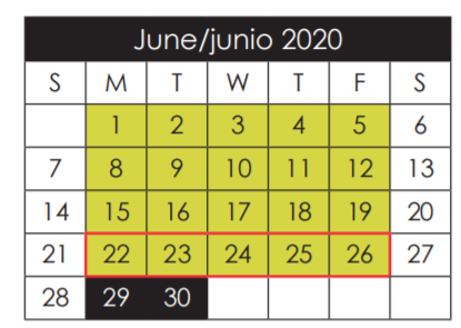 District School Academic Calendar for H D Hilley Elementary for June 2020