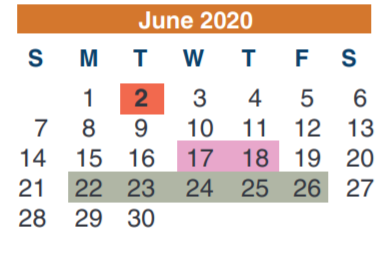 District School Academic Calendar for Ricky C Bailey Middle School for June 2020