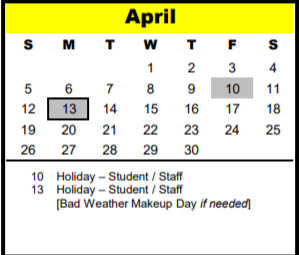 District School Academic Calendar for Wilchester Elementary for April 2020