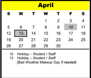 District School Academic Calendar for Spring Branch School Of Choice for April 2020