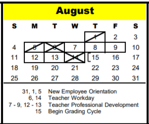 District School Academic Calendar for Memorial High School for August 2019